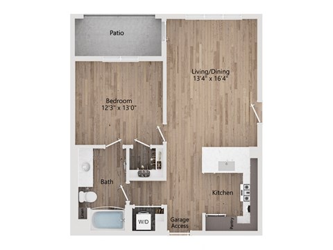 A floor plan of a house with a living/dining area, kitchen, bedroom, bathroom, and garage access.